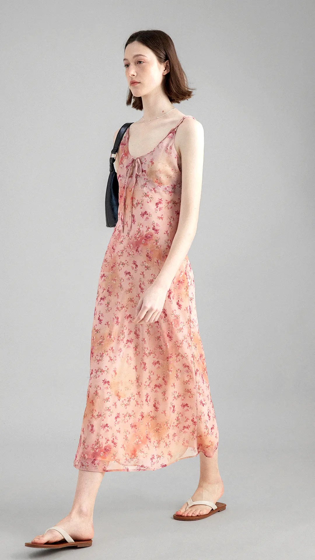 Romantic Floral Cinched Waist Strap Dress