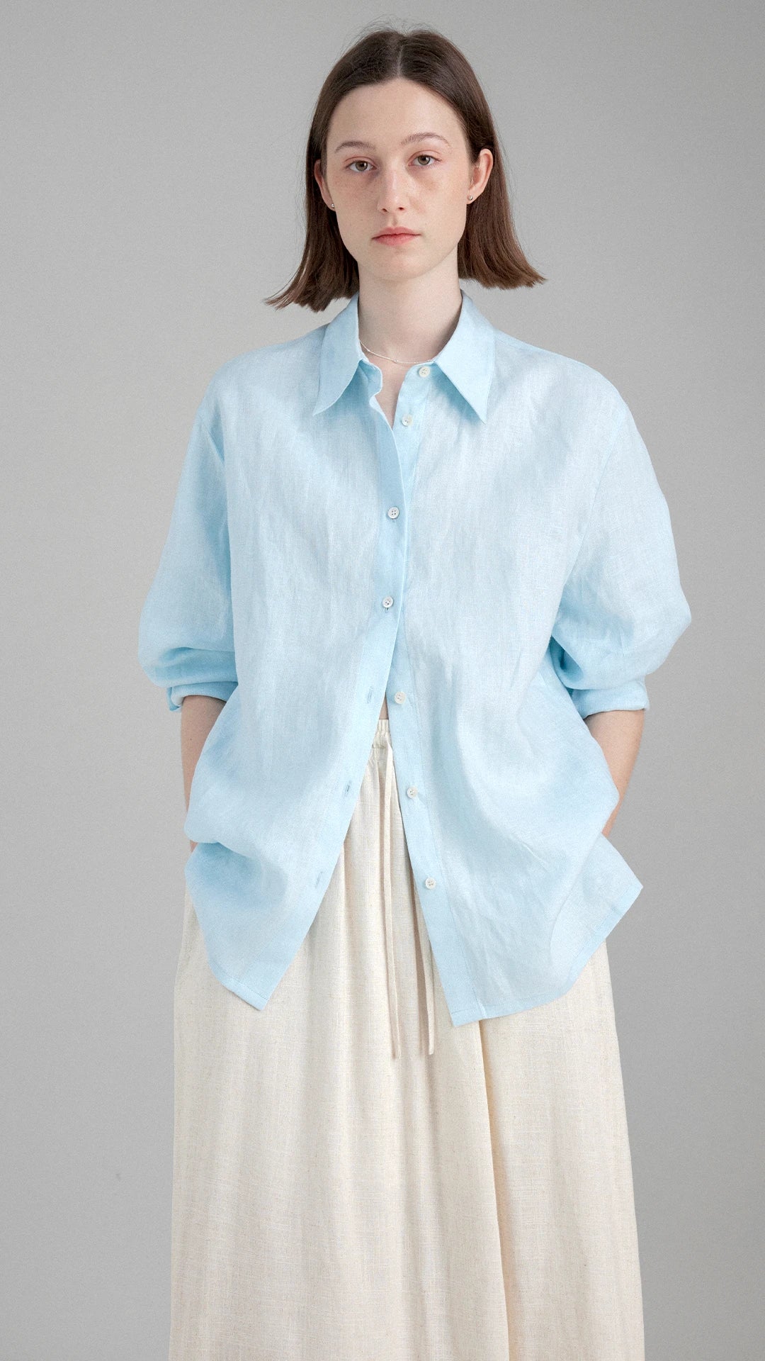 Pure Linen Two-way Back Button Loose-fit Long Sleeve Shirt