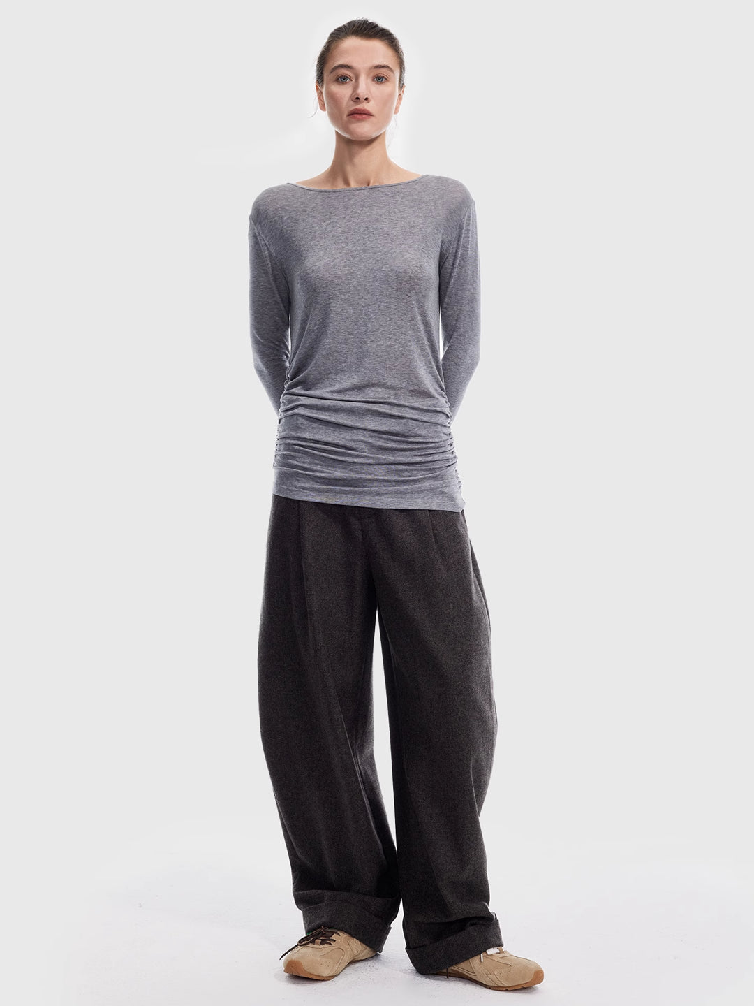 Asymmetrical Pleated Top in Tencel-Wool