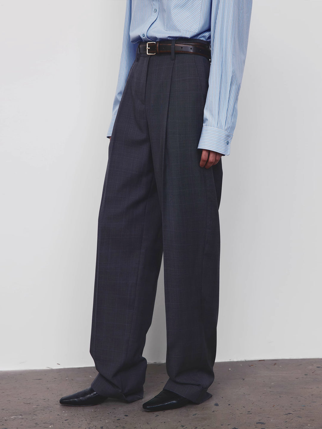 Wool Checkered Pleated Loose Tapered Pants