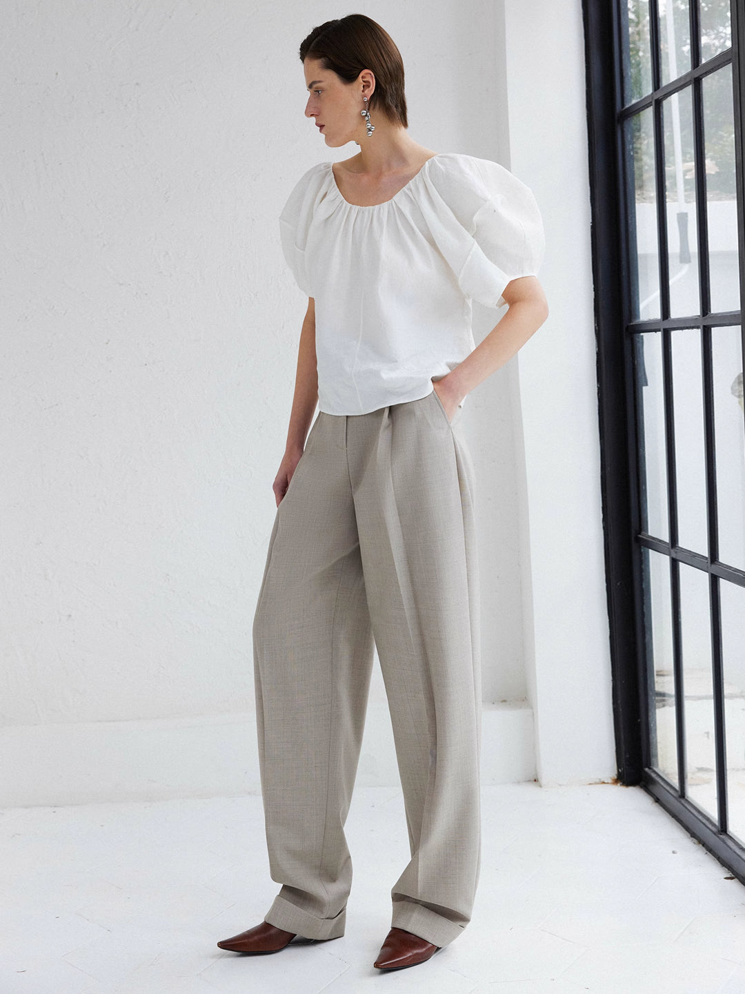 Wool Checkered Pleated Loose Tapered Pants