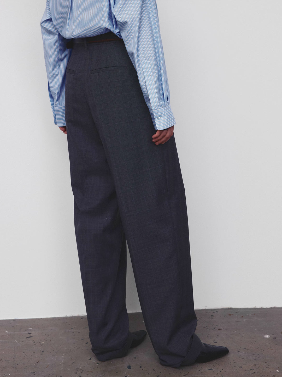 Wool Checkered Pleated Loose Tapered Pants