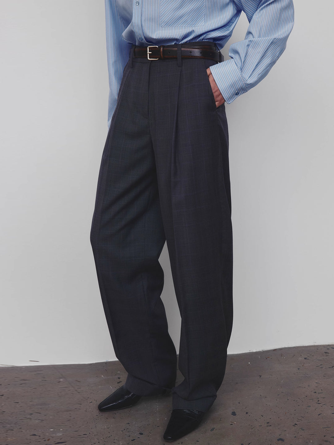 Wool Checkered Pleated Loose Tapered Pants