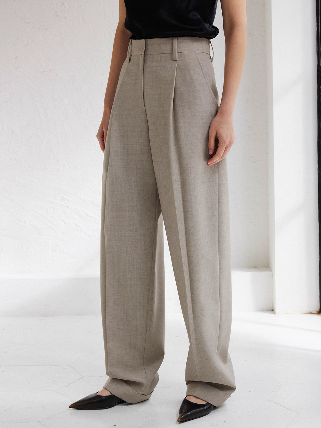 Wool Checkered Pleated Loose Tapered Pants