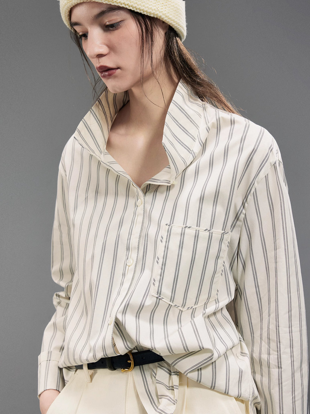 90S Striped Stand Collar Blouse