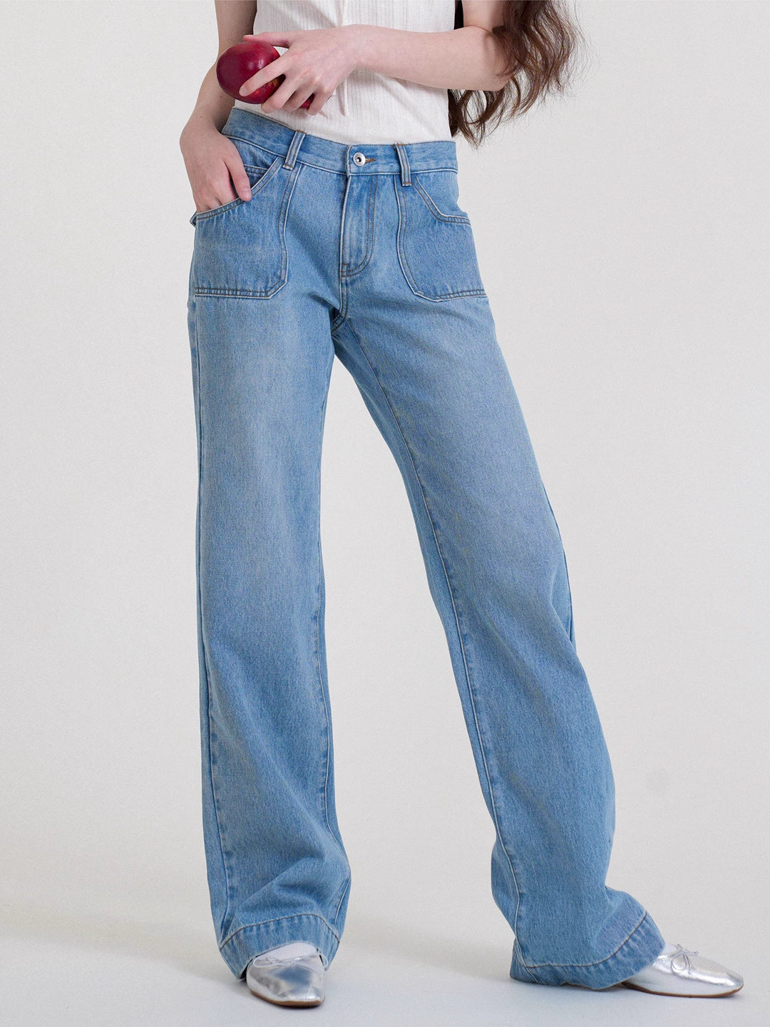 Vintage Wash Mid-Rise Straight-Leg Flared Blue Jeans