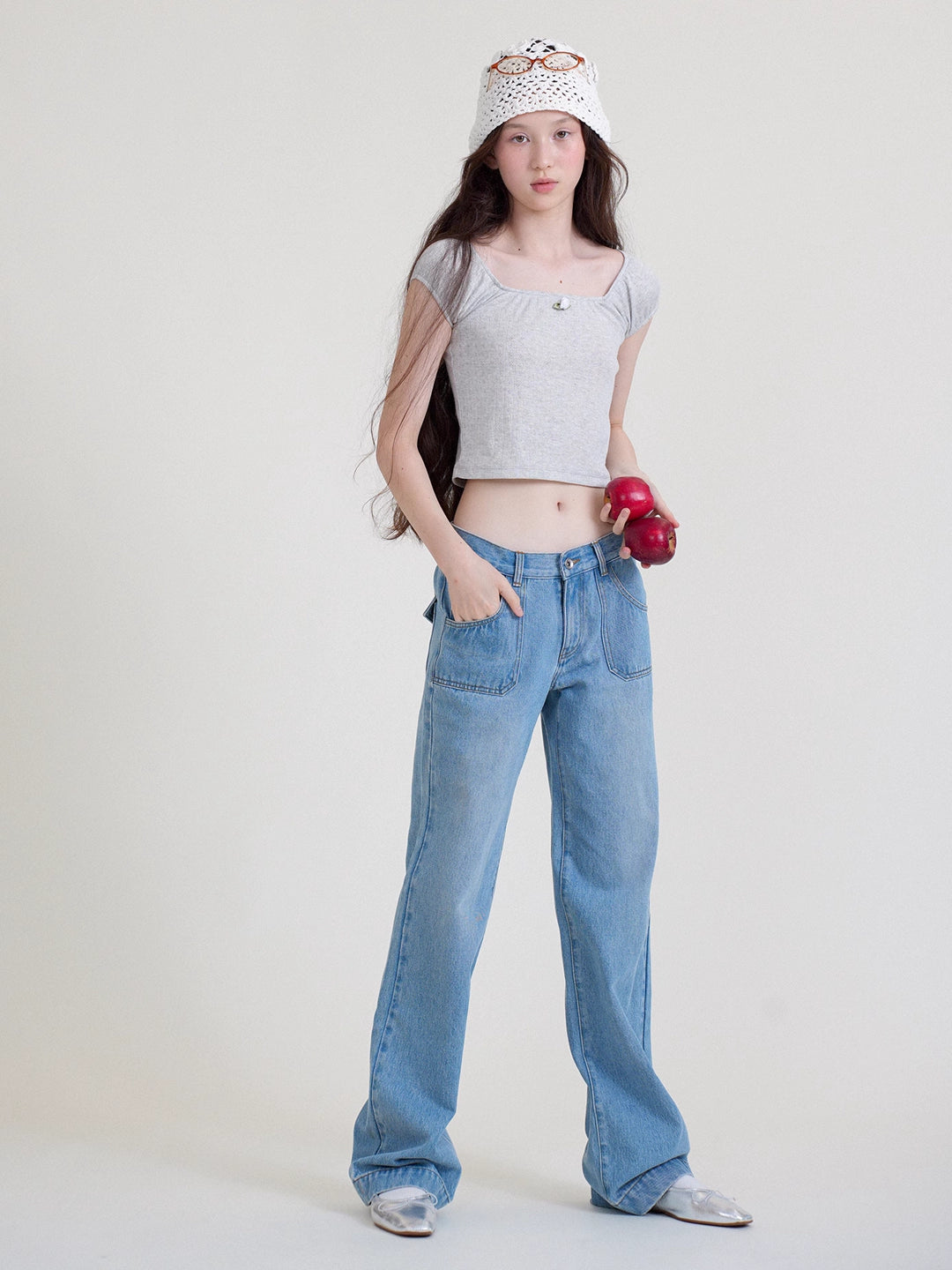 Vintage Wash Mid-Rise Straight-Leg Flared Blue Jeans