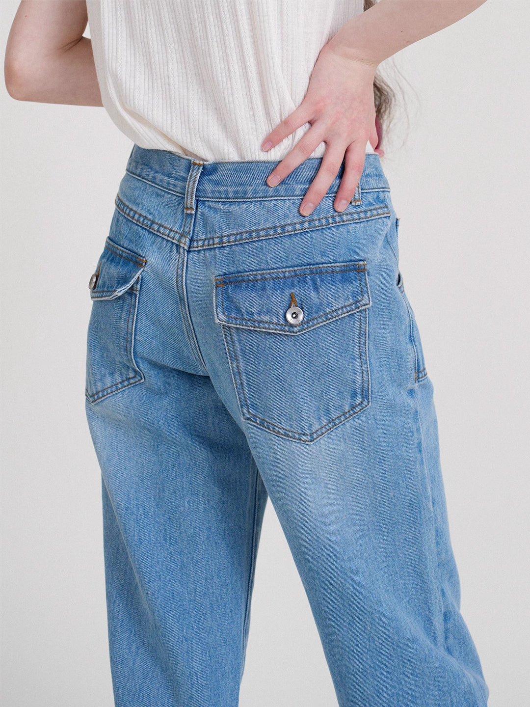 Vintage Wash Mid-Rise Straight-Leg Flared Blue Jeans