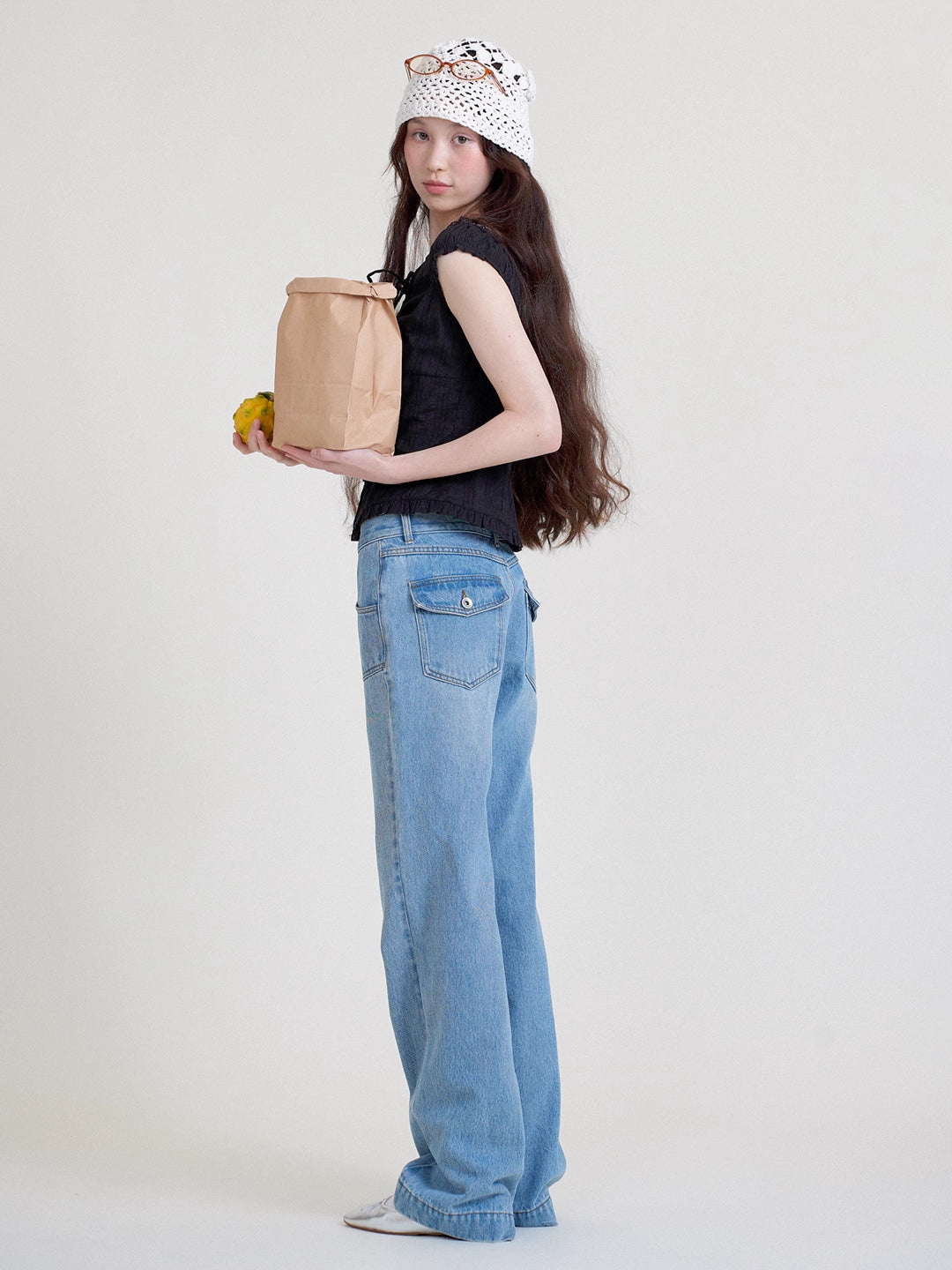 Vintage Wash Mid-Rise Straight-Leg Flared Blue Jeans