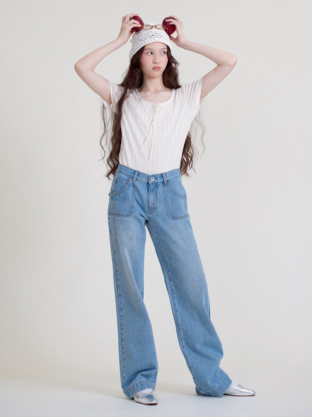 Vintage Wash Mid-Rise Straight-Leg Flared Blue Jeans