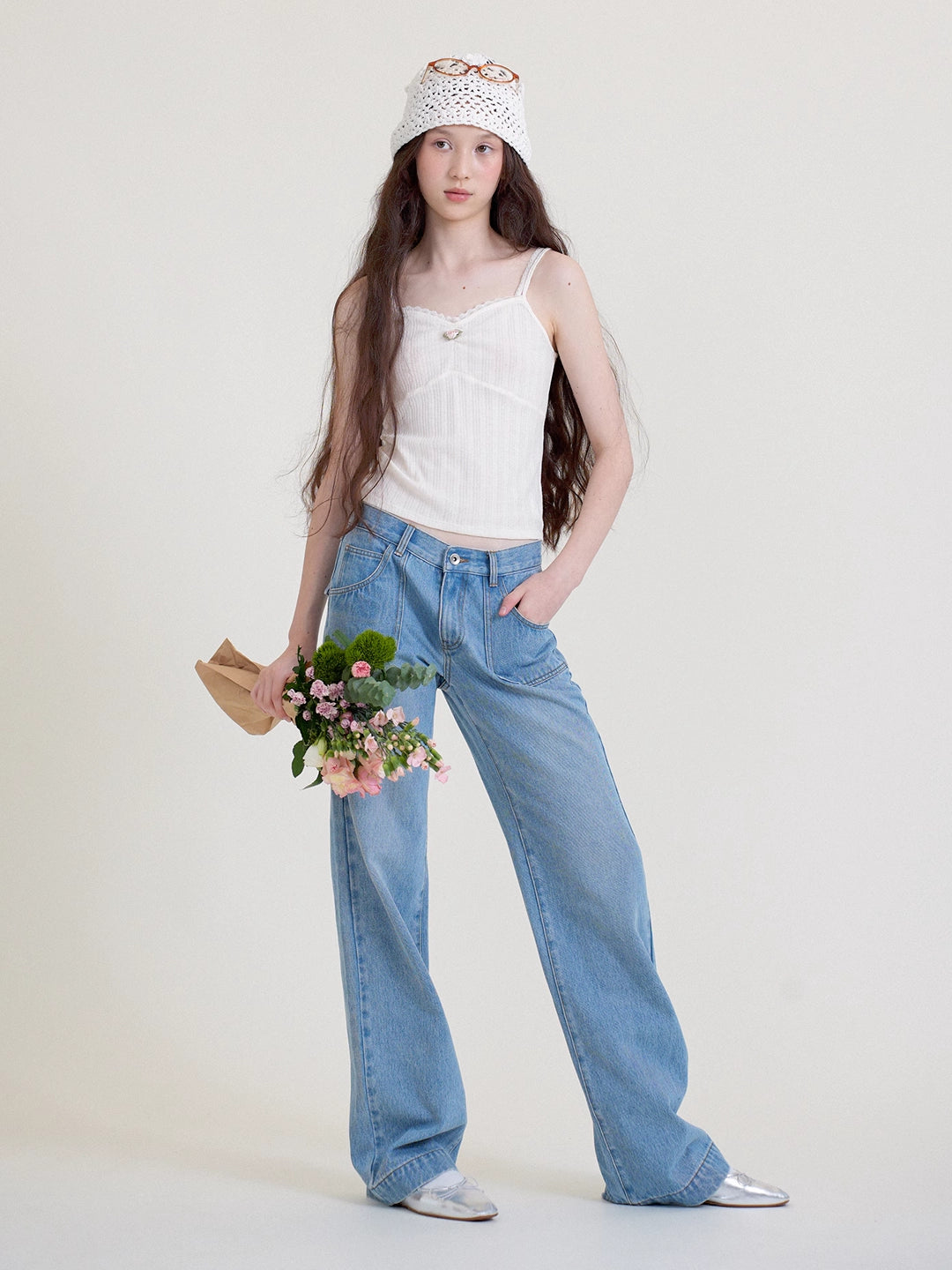 Vintage Wash Mid-Rise Straight-Leg Flared Blue Jeans