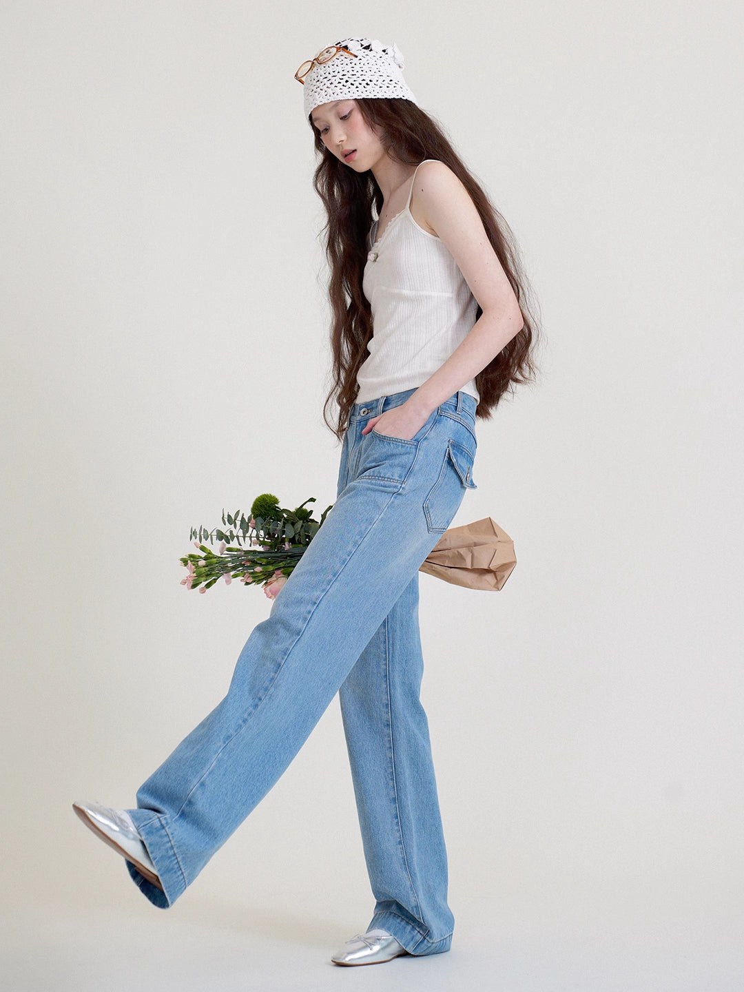 Vintage Wash Mid-Rise Straight-Leg Flared Blue Jeans