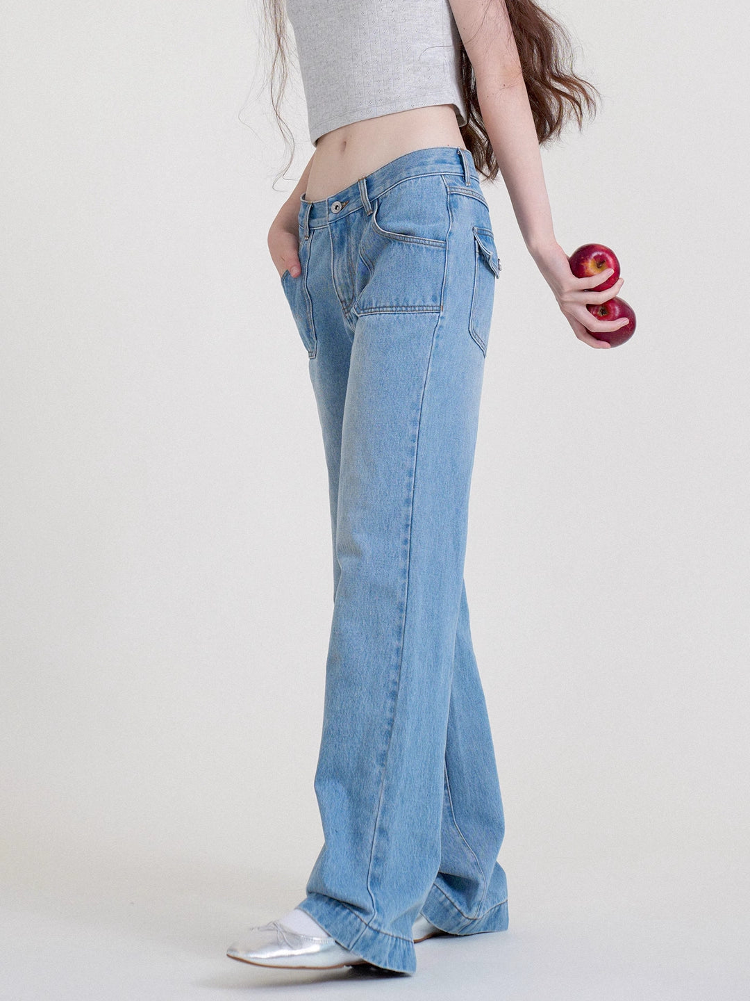 Vintage Wash Mid-Rise Straight-Leg Flared Blue Jeans