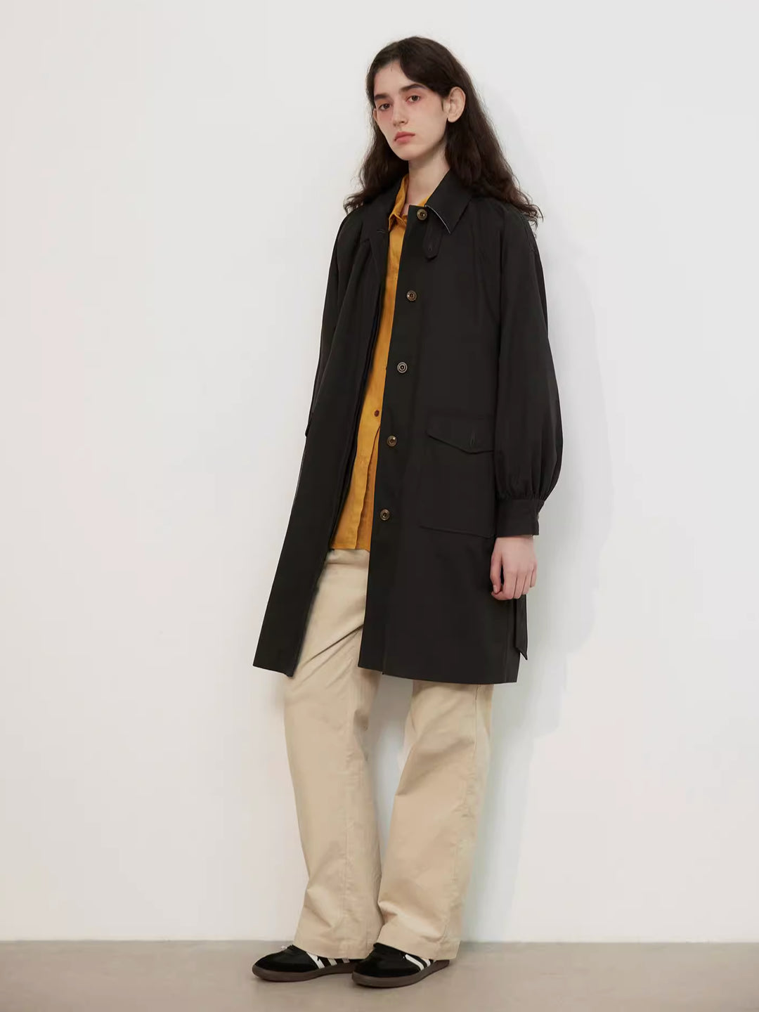 Lapel Balloon Sleeve Trench Coat in Cotton