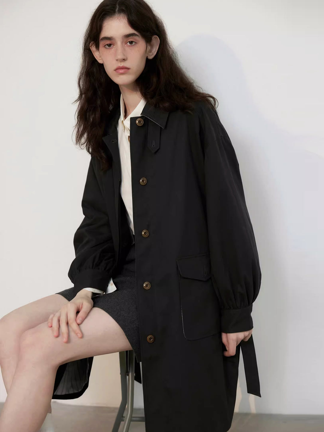 Lapel Balloon Sleeve Trench Coat in Cotton