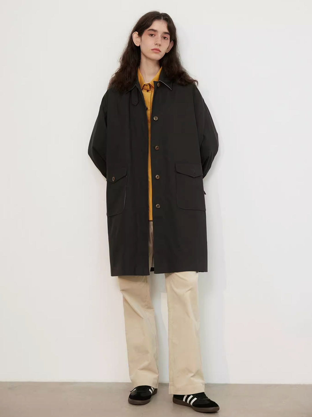 Lapel Balloon Sleeve Trench Coat in Cotton