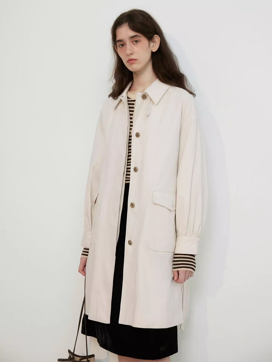 Lapel Balloon Sleeve Trench Coat in Cotton