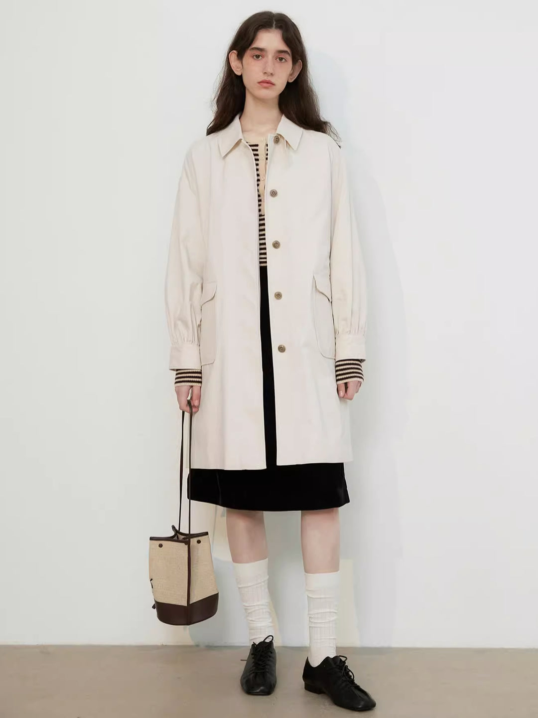 Lapel Balloon Sleeve Trench Coat in Cotton