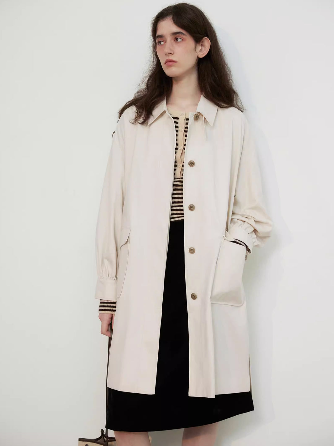 Lapel Balloon Sleeve Trench Coat in Cotton