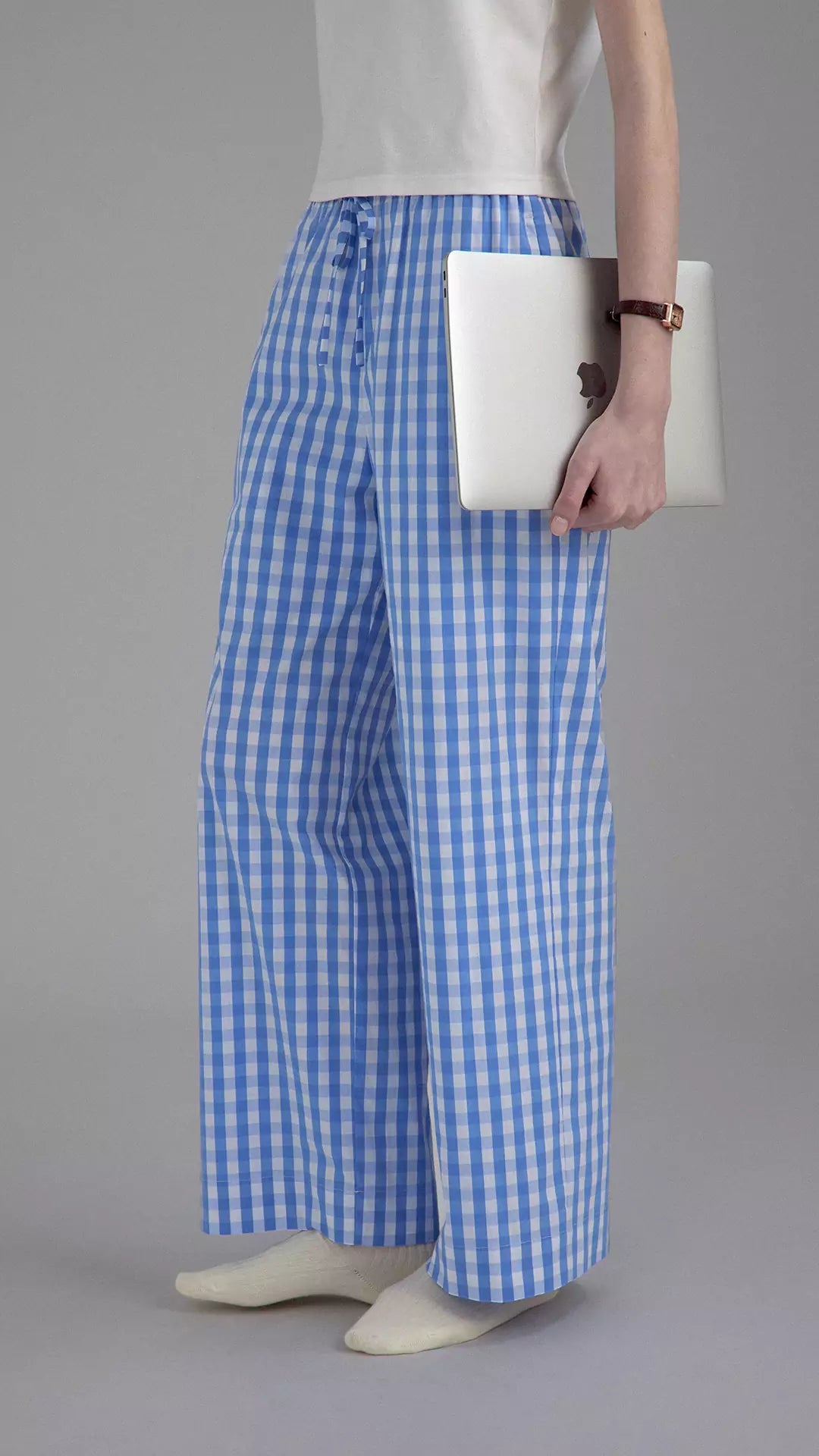 Lightweight Blue and White Plaid Casual Wide-Leg Pants