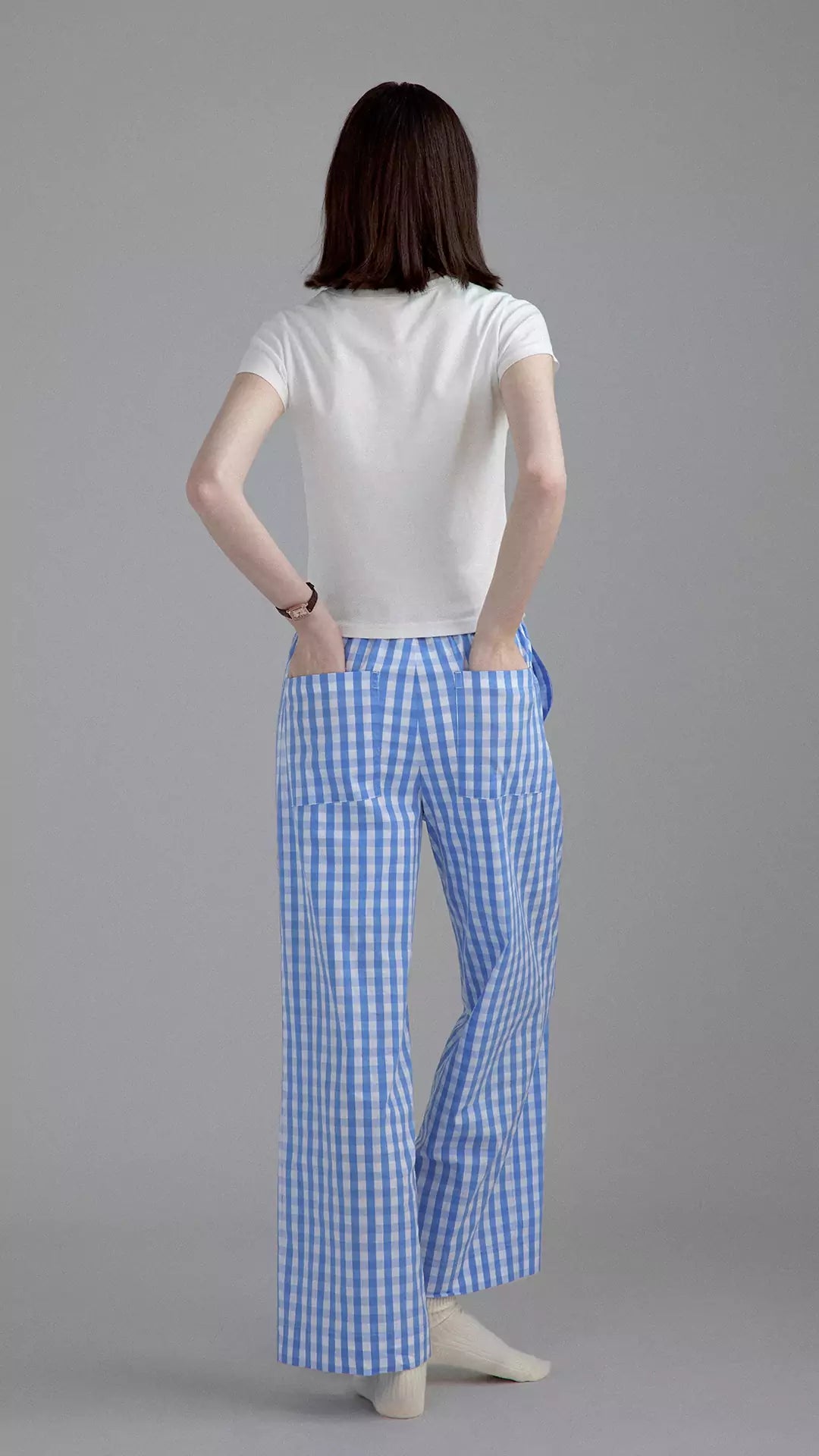 Lightweight Blue and White Plaid Casual Wide-Leg Pants