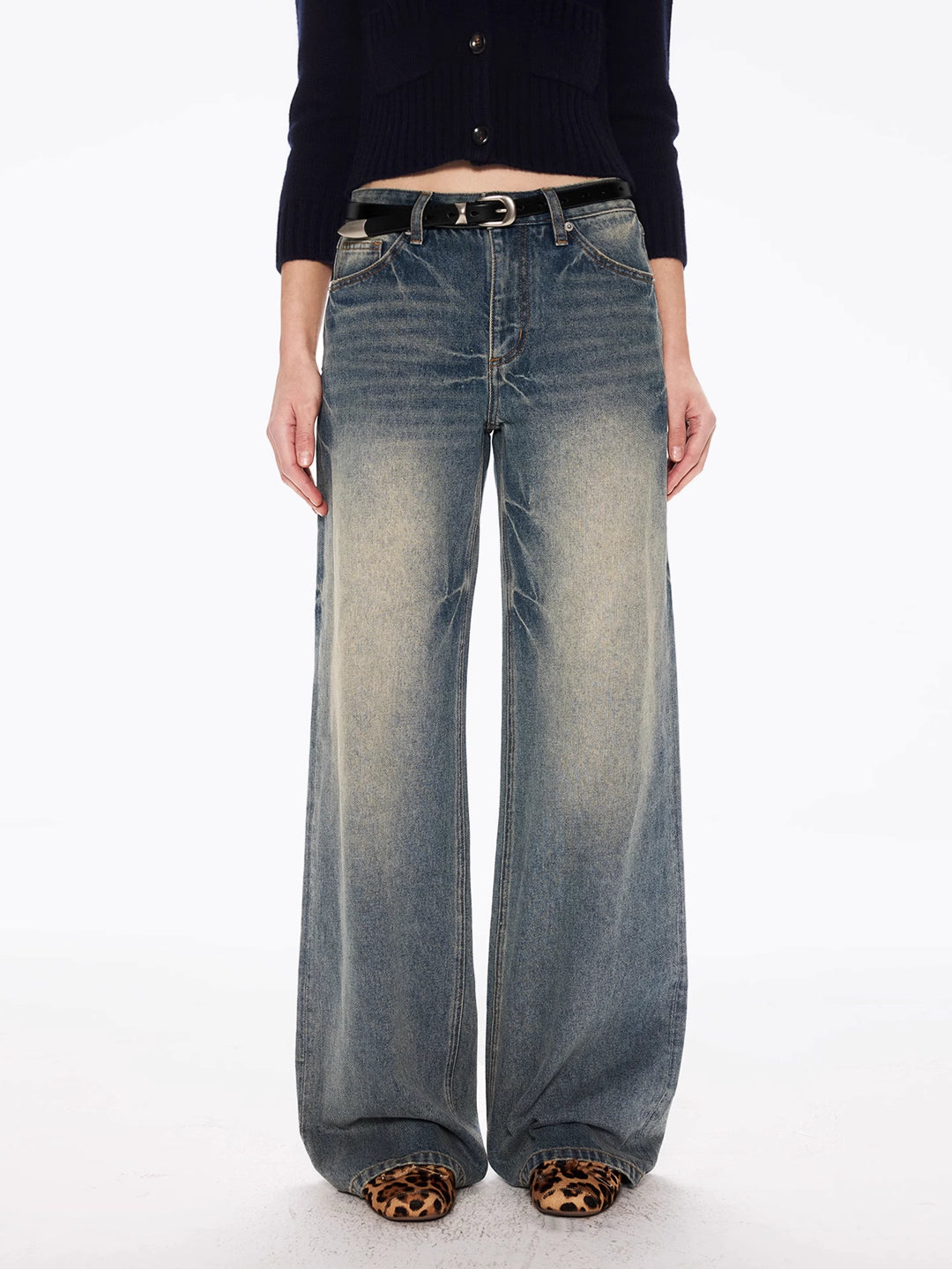 Straight Jeans in Washed Cotton Denim