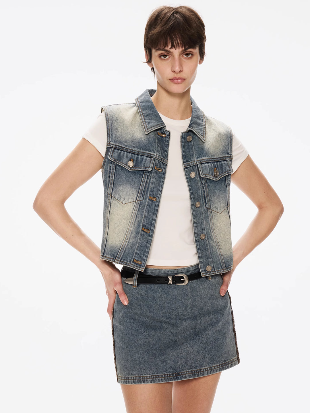 Lapel Vest in Washed Cotton Denim