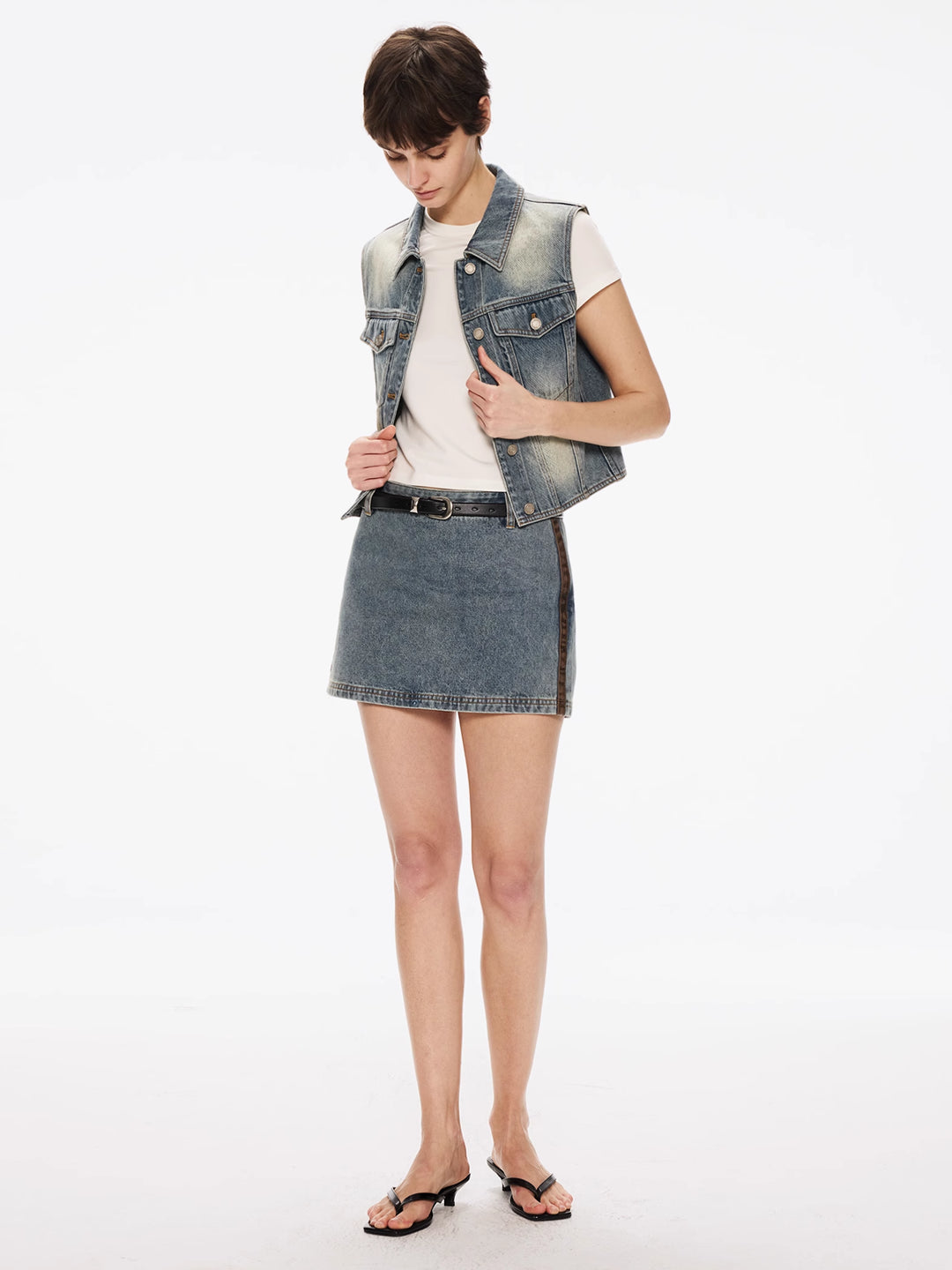 Lapel Vest in Washed Cotton Denim