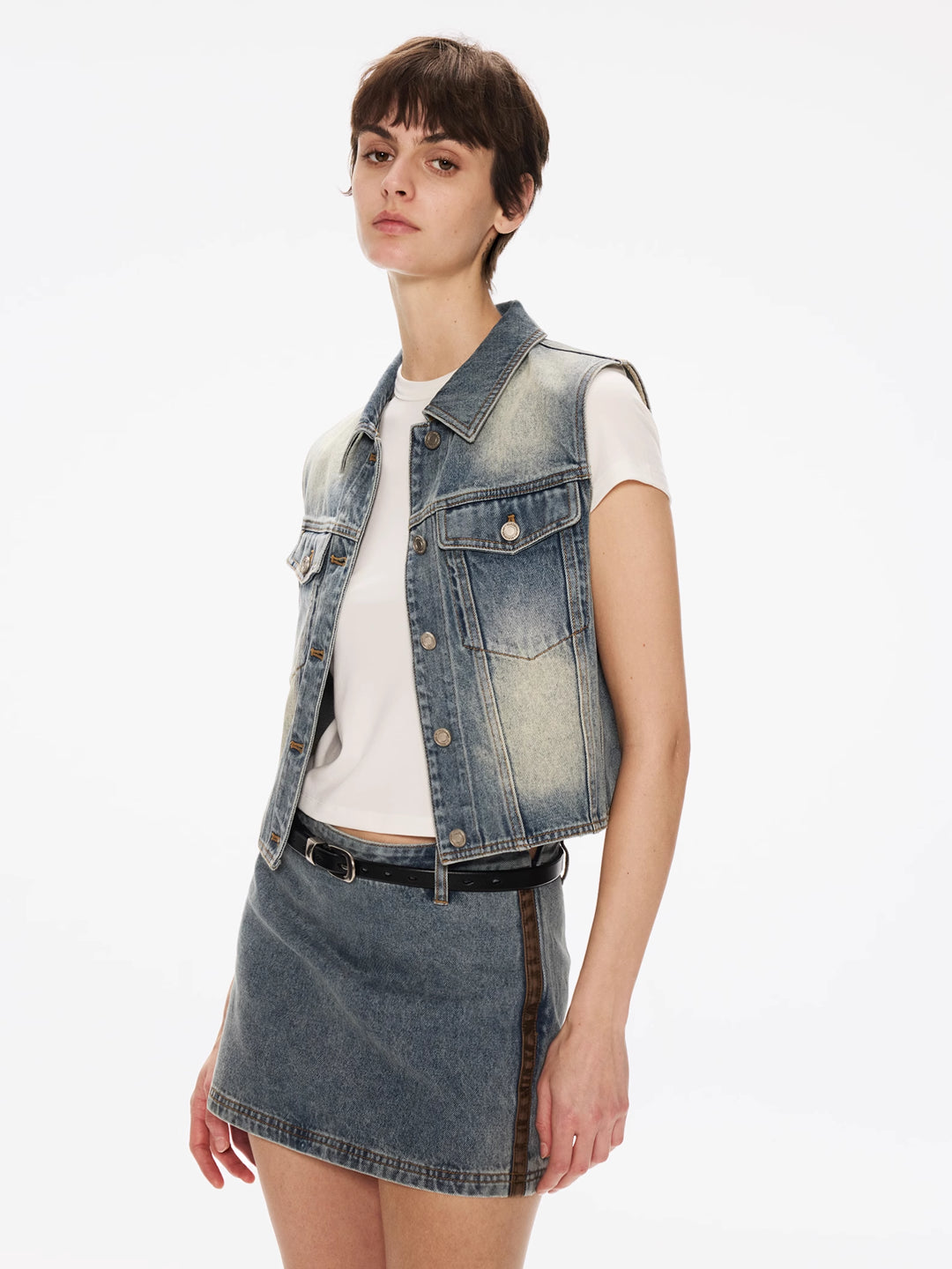 Lapel Vest in Washed Cotton Denim