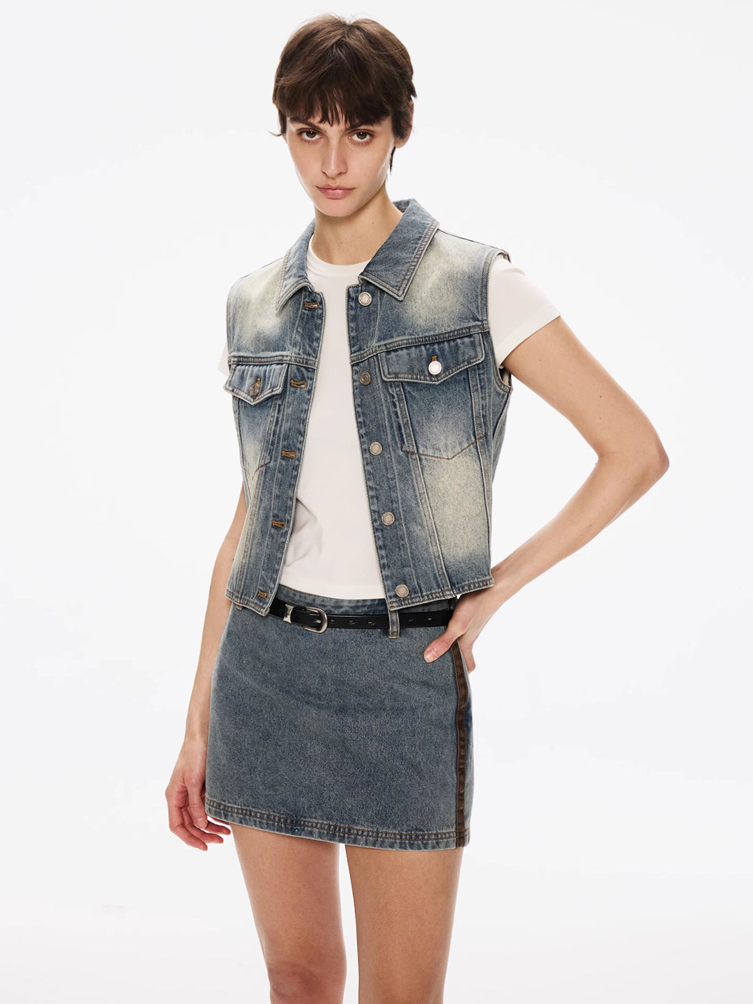 Lapel Vest in Washed Cotton Denim