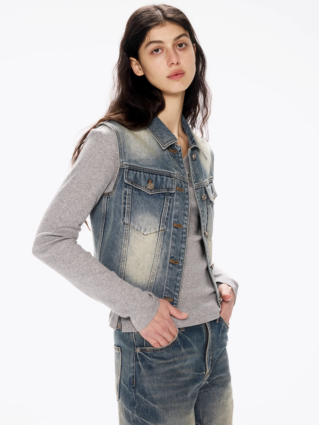 Lapel Vest in Washed Cotton Denim