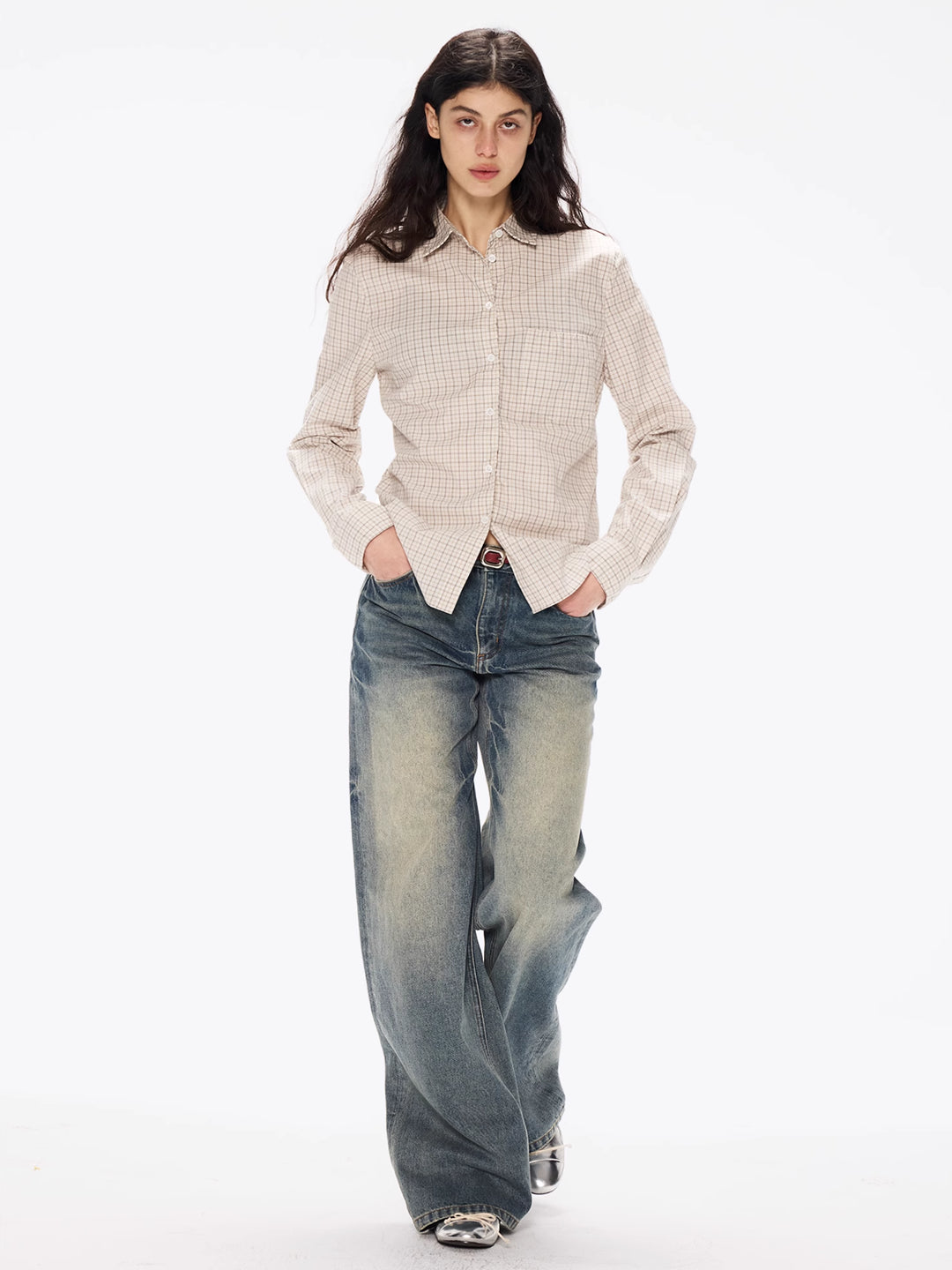 Checkered Pleated Shirt in Cotton