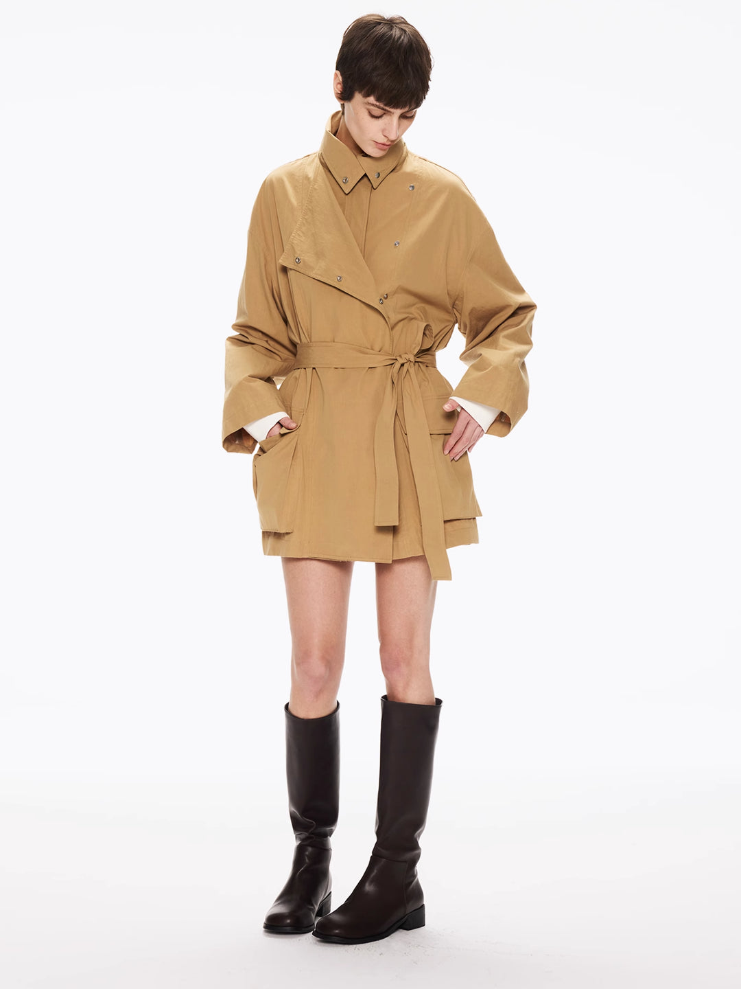 Cropped Light Brown Trench Coat in Cotton