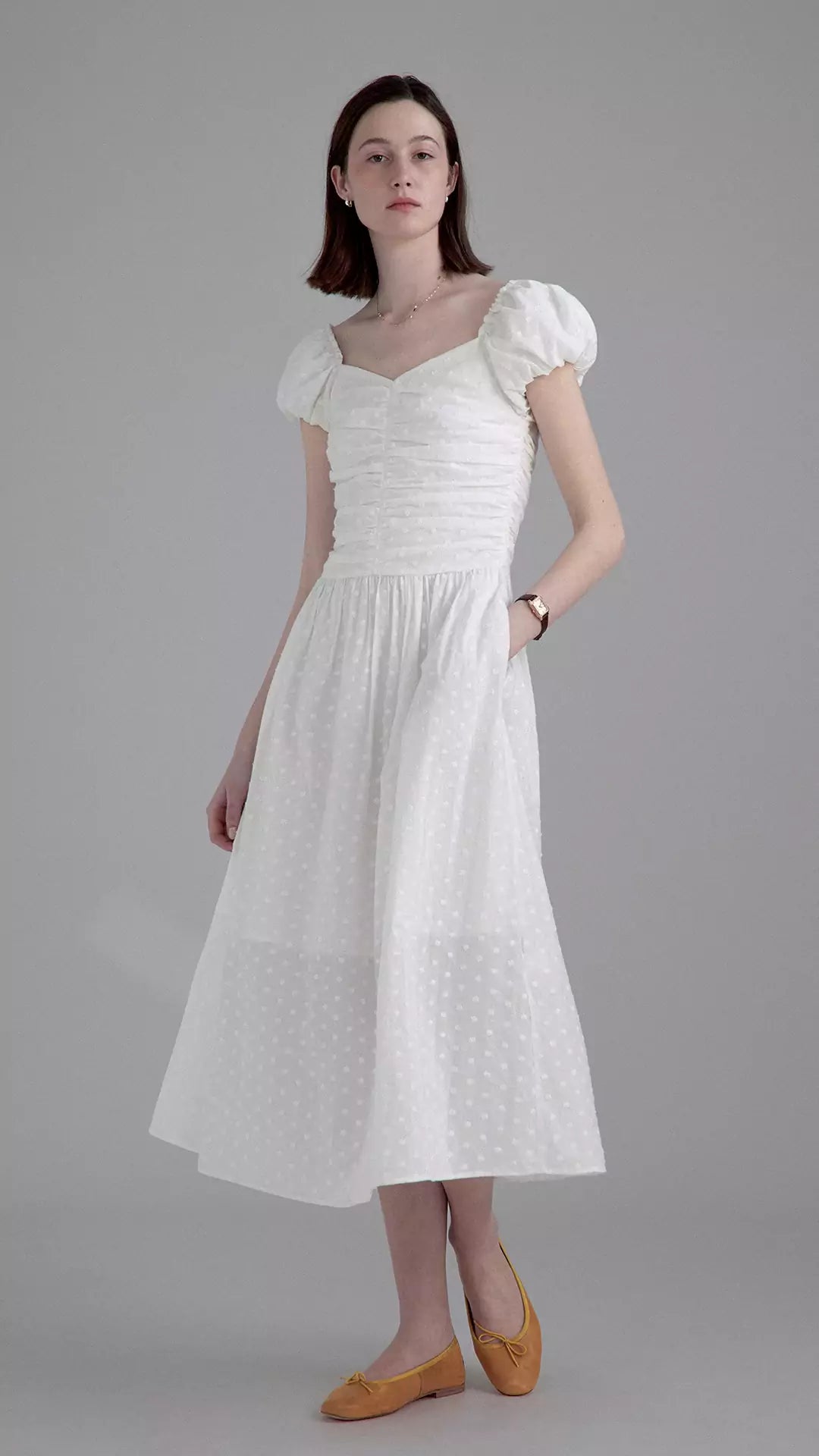 White Embroidered Waist-Defined Dress