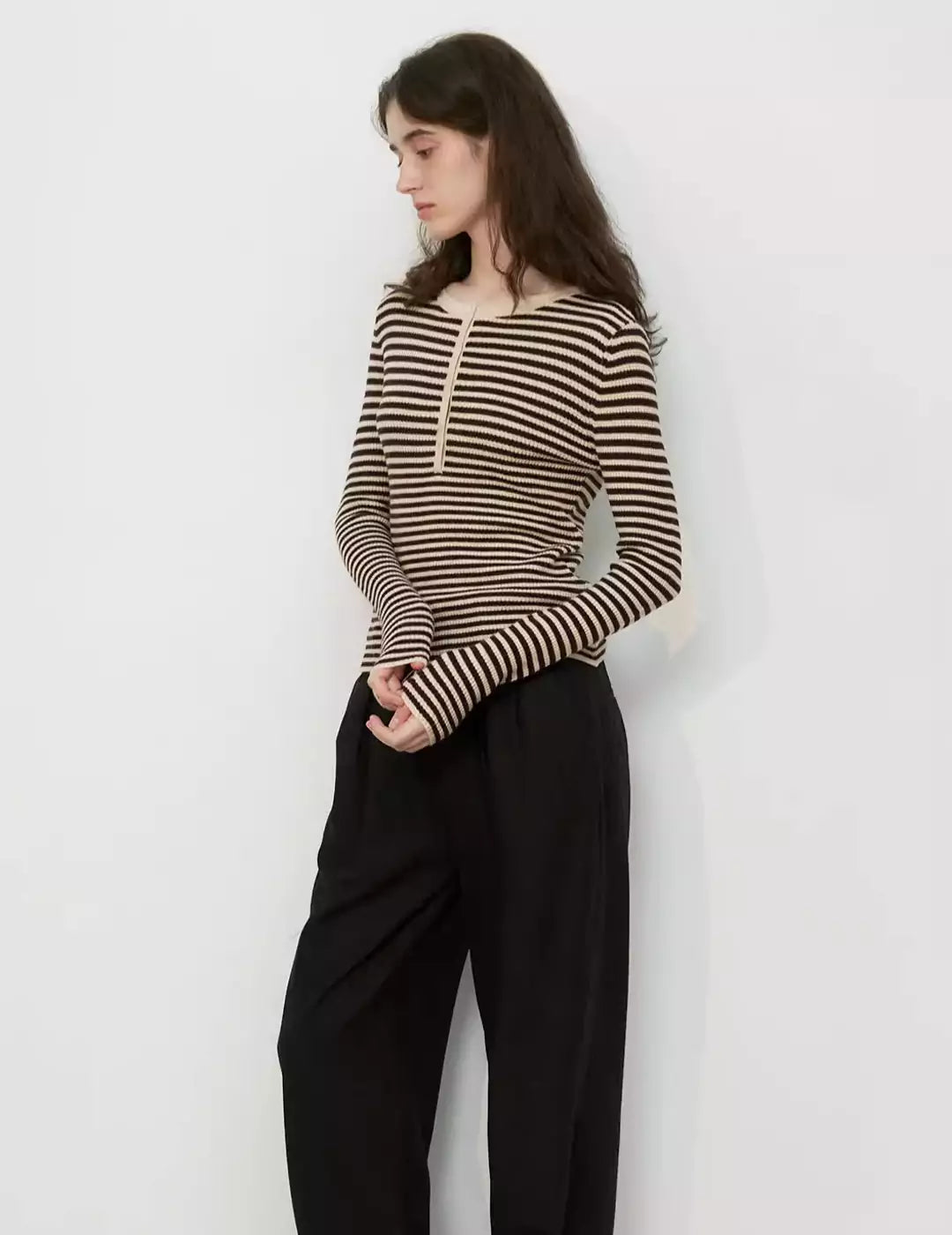 Ultra-Fine Pure Wool Slim-Fit Striped Half-Zip Knit Top