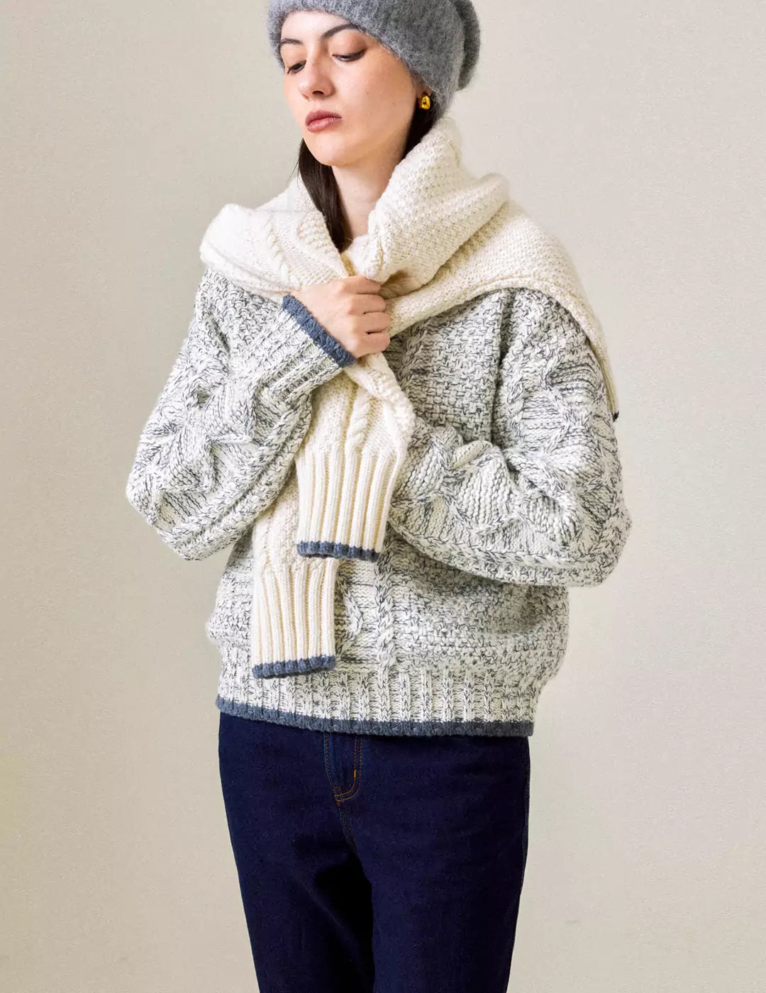 Cable-Knit Color-Block V-Neck Classic Sweater