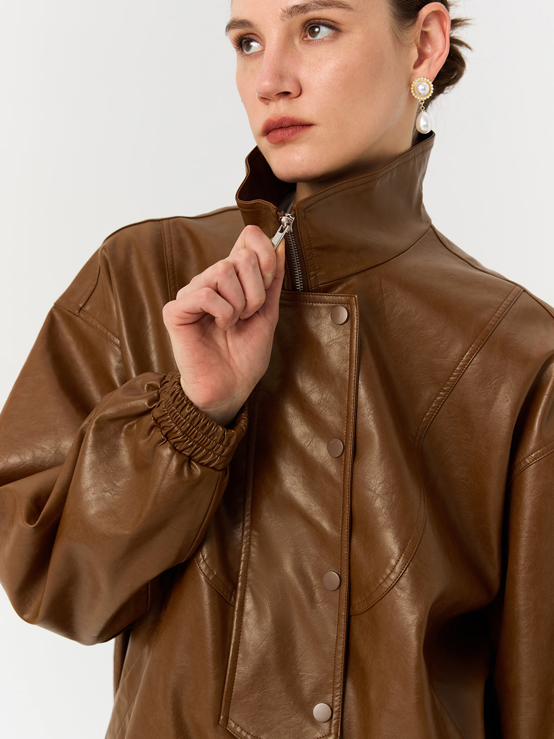 Waxed Faux Leather Oversized Bomber Jacket