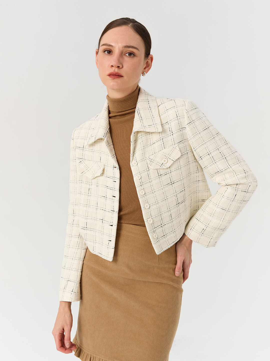 Textured Plaid Short Tweed Blazer