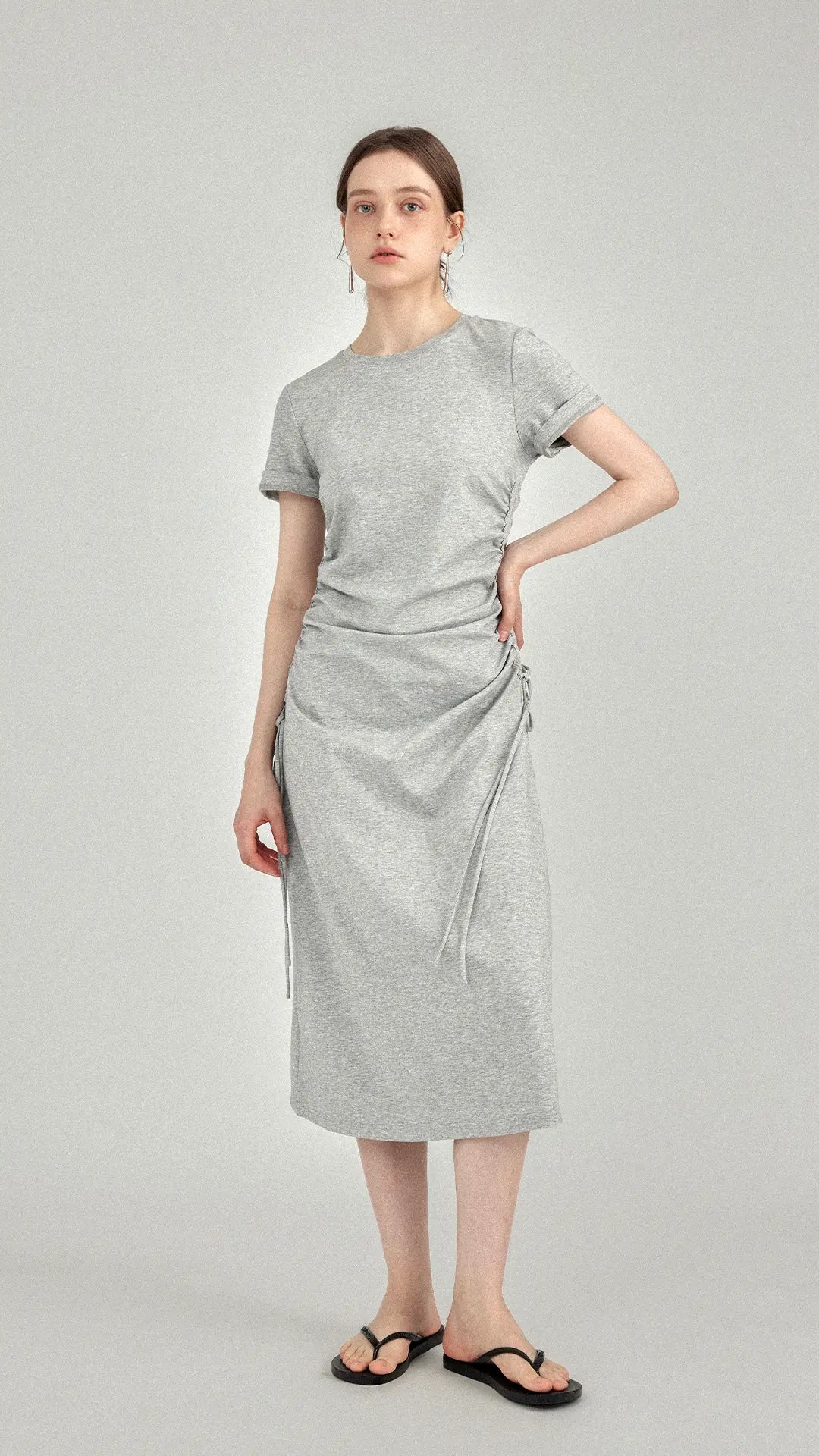 Ruched Side-Tie Midi T-Shirt Dress