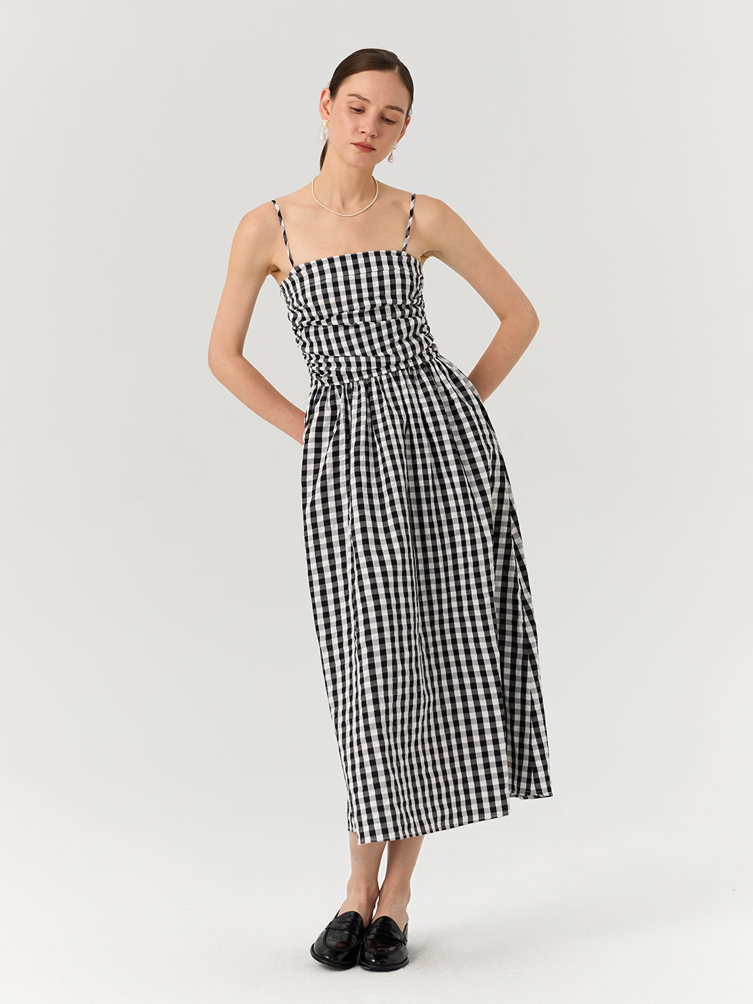 Vintage Pleated Waist-Cinching Plaid Long Slip Dress