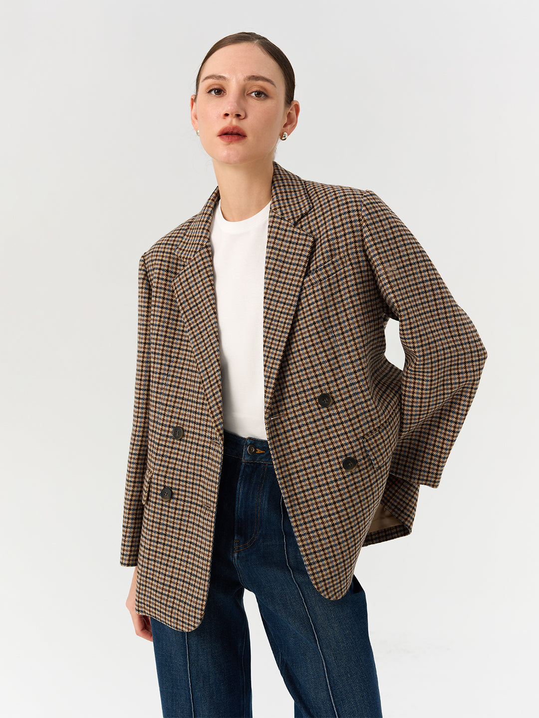 Houndstooth Double-Breasted Casual Blazer