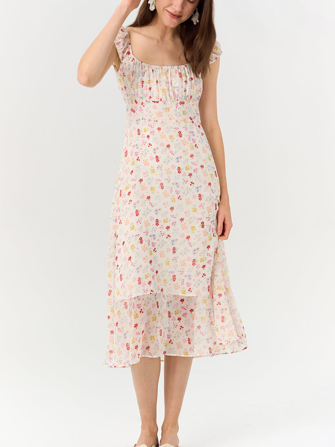 Pink Printed Cap Sleeve Pleated Dress