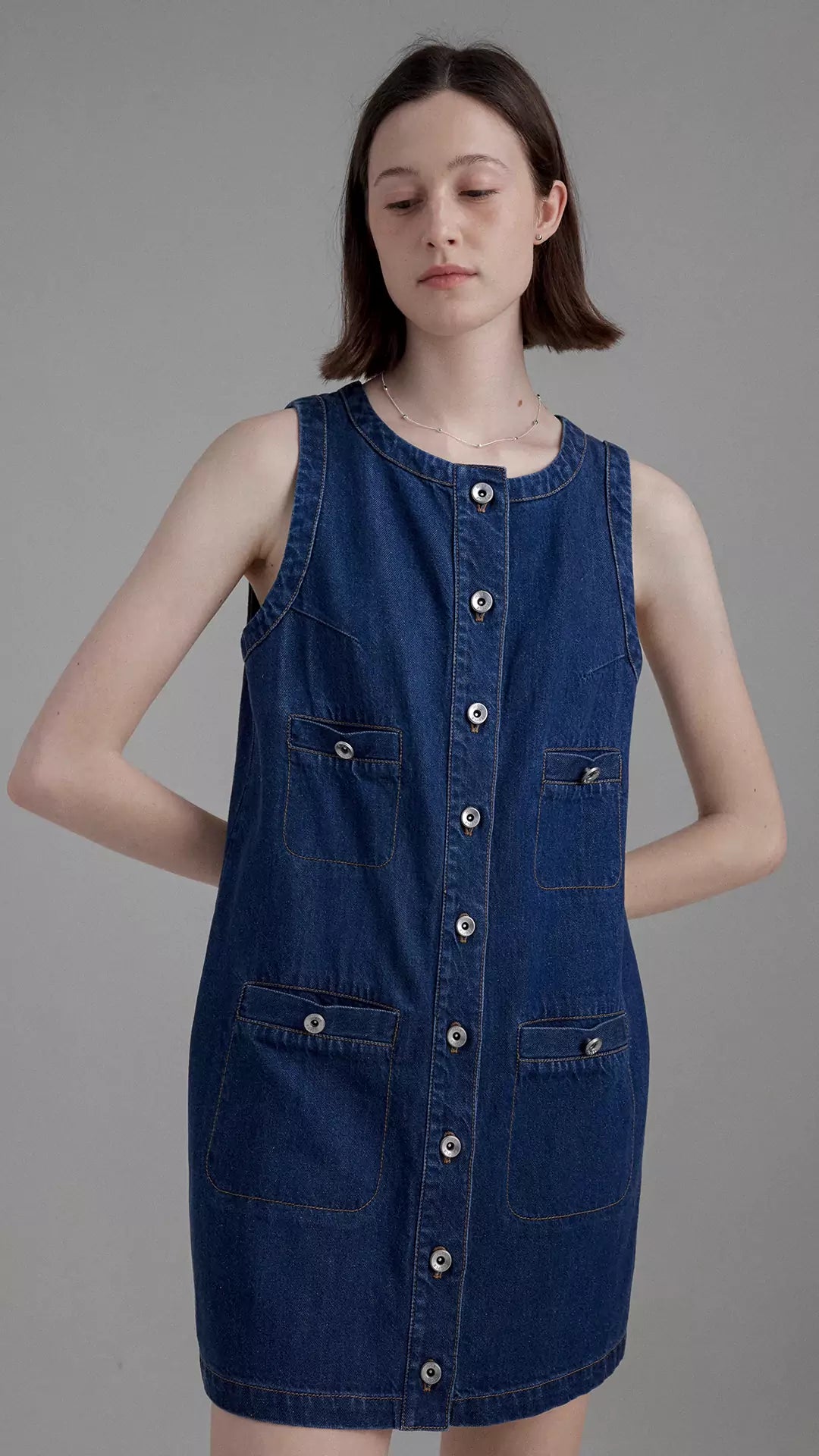 Sleeveless Cotton-Hemp Mini Denim Dress with Pockets