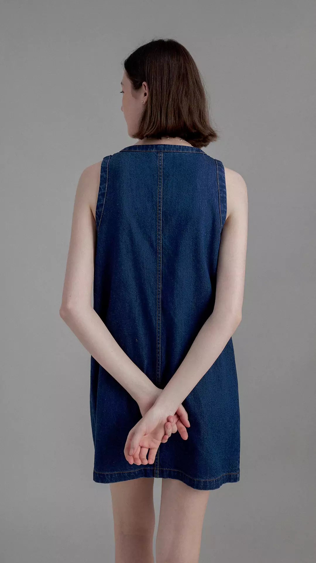 Sleeveless Cotton-Hemp Mini Denim Dress with Pockets