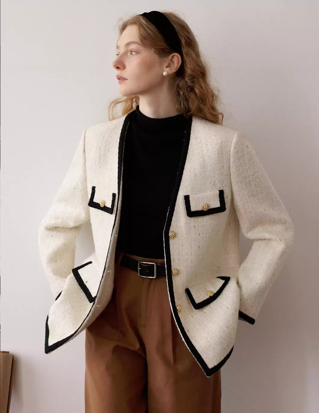 Loose Multi-Pocket Tweed Coat