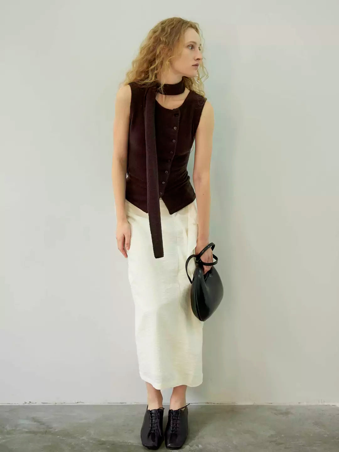 Asymmetric Merino Wool Button Detail  Scarf Vest