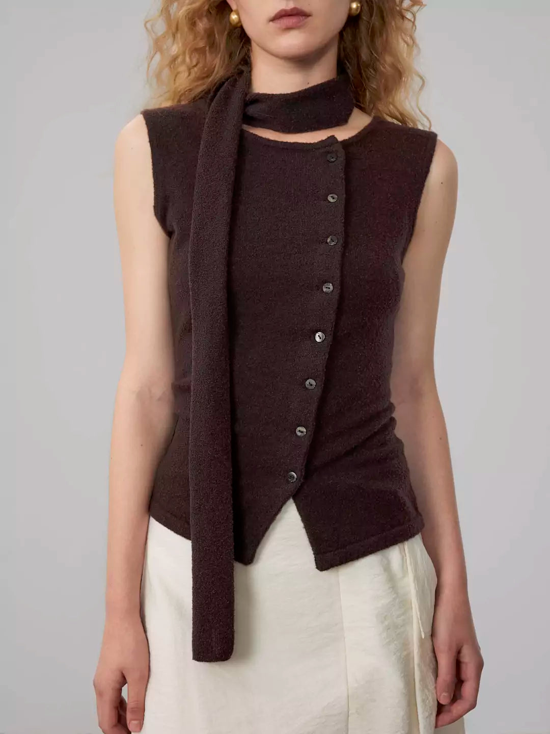 Asymmetric Merino Wool Button Detail  Scarf Vest