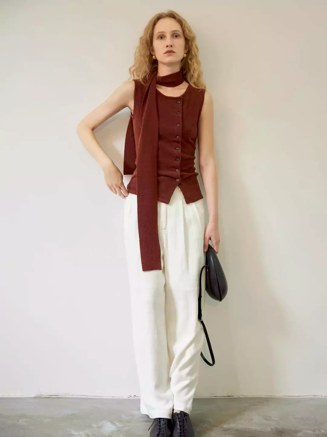 Asymmetric Merino Wool Button Detail  Scarf Vest