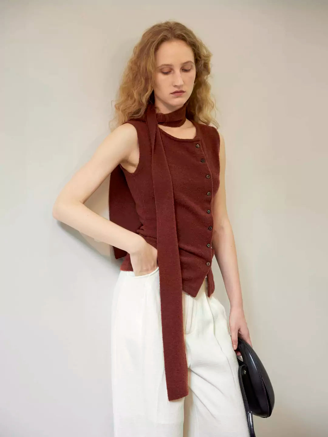 Asymmetric Merino Wool Button Detail  Scarf Vest