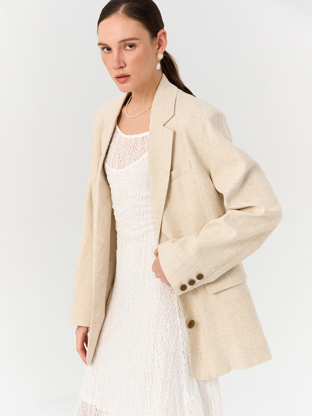 Linen-blend Casual Blazer with Shoulder Pads